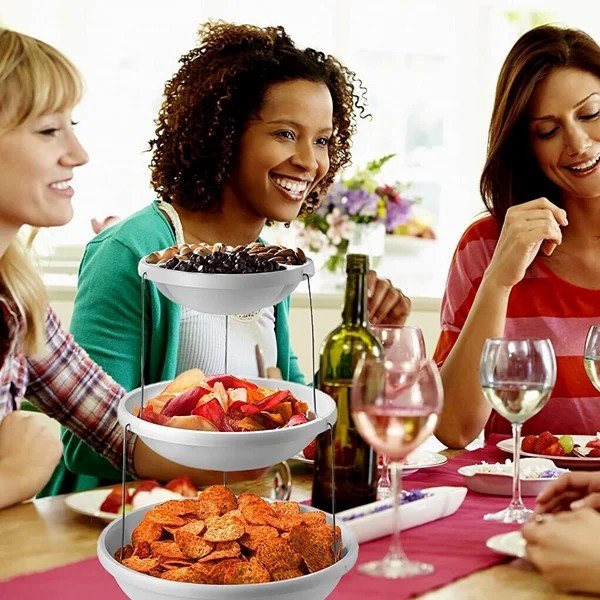 Three-tier rotating and folding snack tray