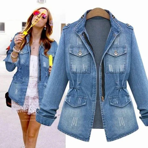 Plus Size Casual Womens Denim Oversize Jeans Chain Jacket pocket Coat
